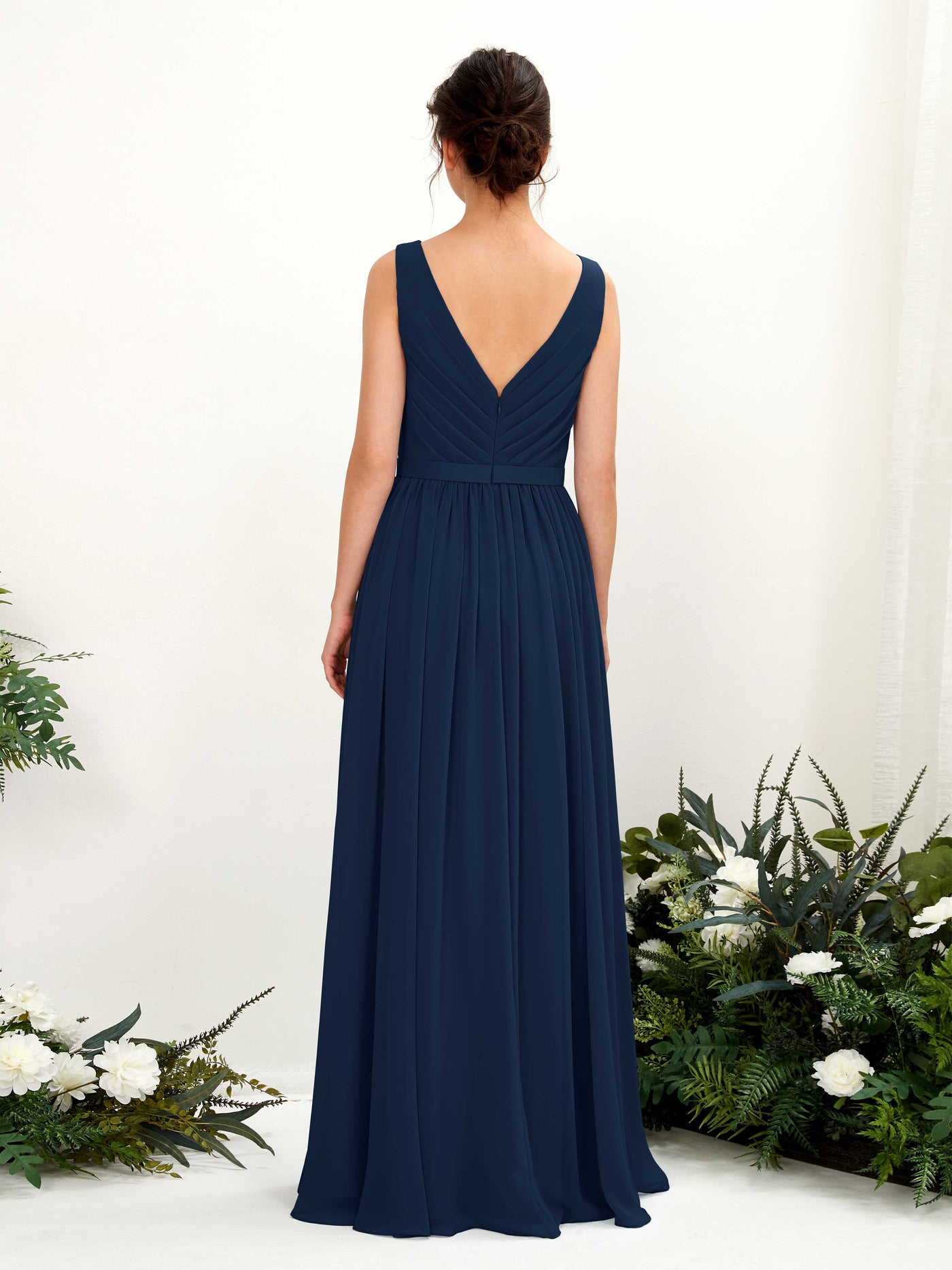 Carlyna Robe trapèze col V longueur ras du sol froncé demoiselle d'honneur Bleu Marine #couleur_bleu-marine