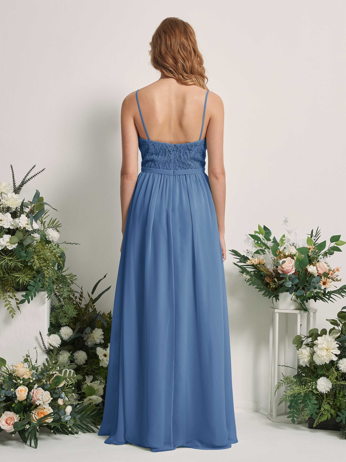 Carlyna Robe Trapèze Col V Longueur ras du sol Froncé Demoiselle d'honneur Bleu Poussiéreux #couleur_bleu-poussi-reux