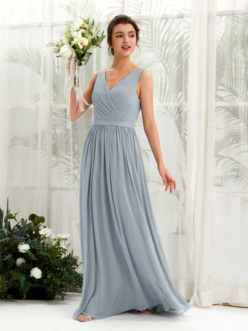 Carlyna Robe trapèze col V longueur ras du sol froncé demoiselle d'honneur Bleu Poussiéreux Amélioré #couleur_bleu-poussi-reux-am-lior