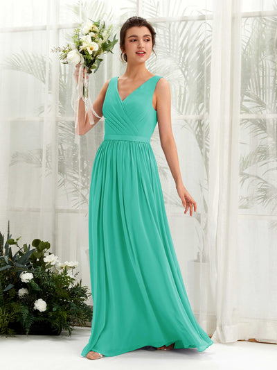Carlyna Robe trapèze col V longueur ras du sol froncé demoiselle d'honneur Bleu Tiffany #couleur_bleu-tiffany