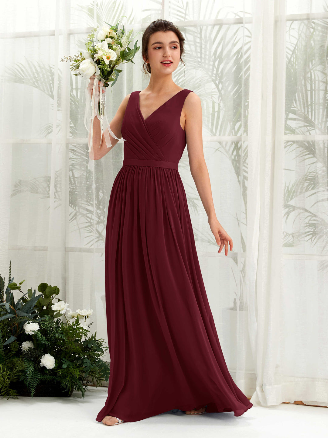 Carlyna Robe trapèze col V longueur ras du sol froncé demoiselle d&