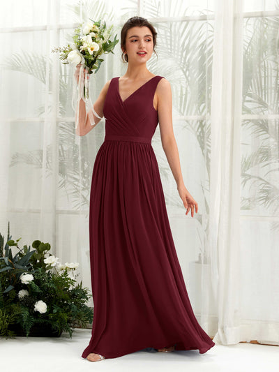 Carlyna Robe trapèze col V longueur ras du sol froncé demoiselle d'honneur Bordeaux #couleur_bordeaux