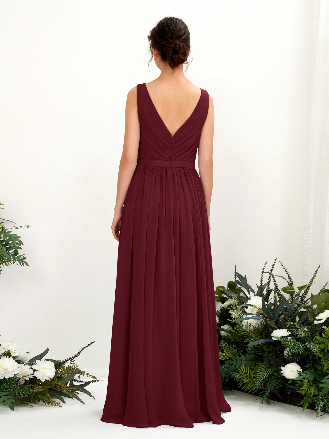 Carlyna Robe trapèze col V longueur ras du sol froncé demoiselle d'honneur Bordeaux #couleur_bordeaux