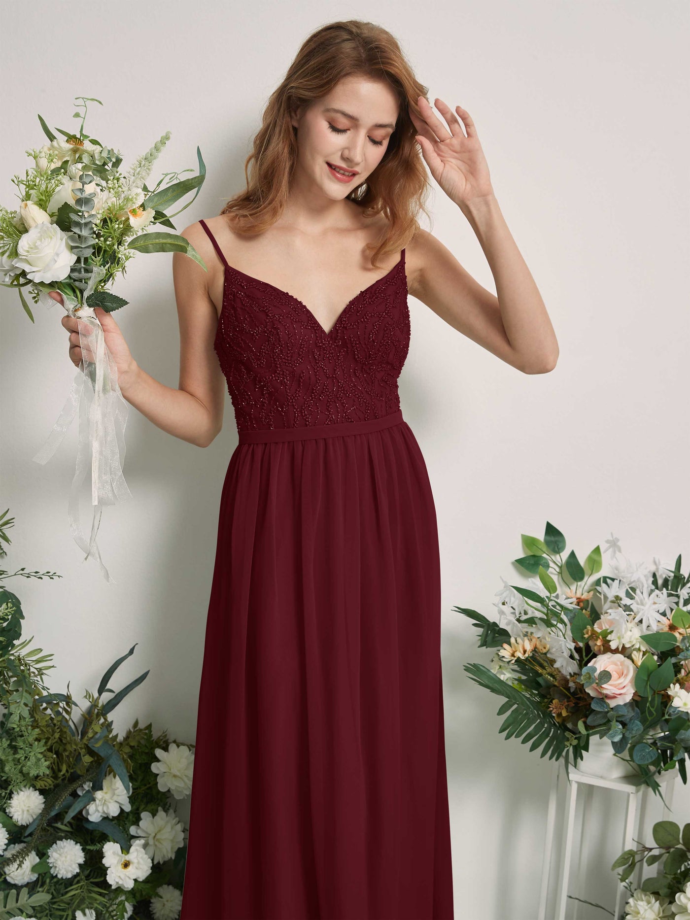 Carlyna Robe Trapèze Col V Longueur ras du sol Froncé Demoiselle d'honneur Bordeaux #couleur_bordeaux
