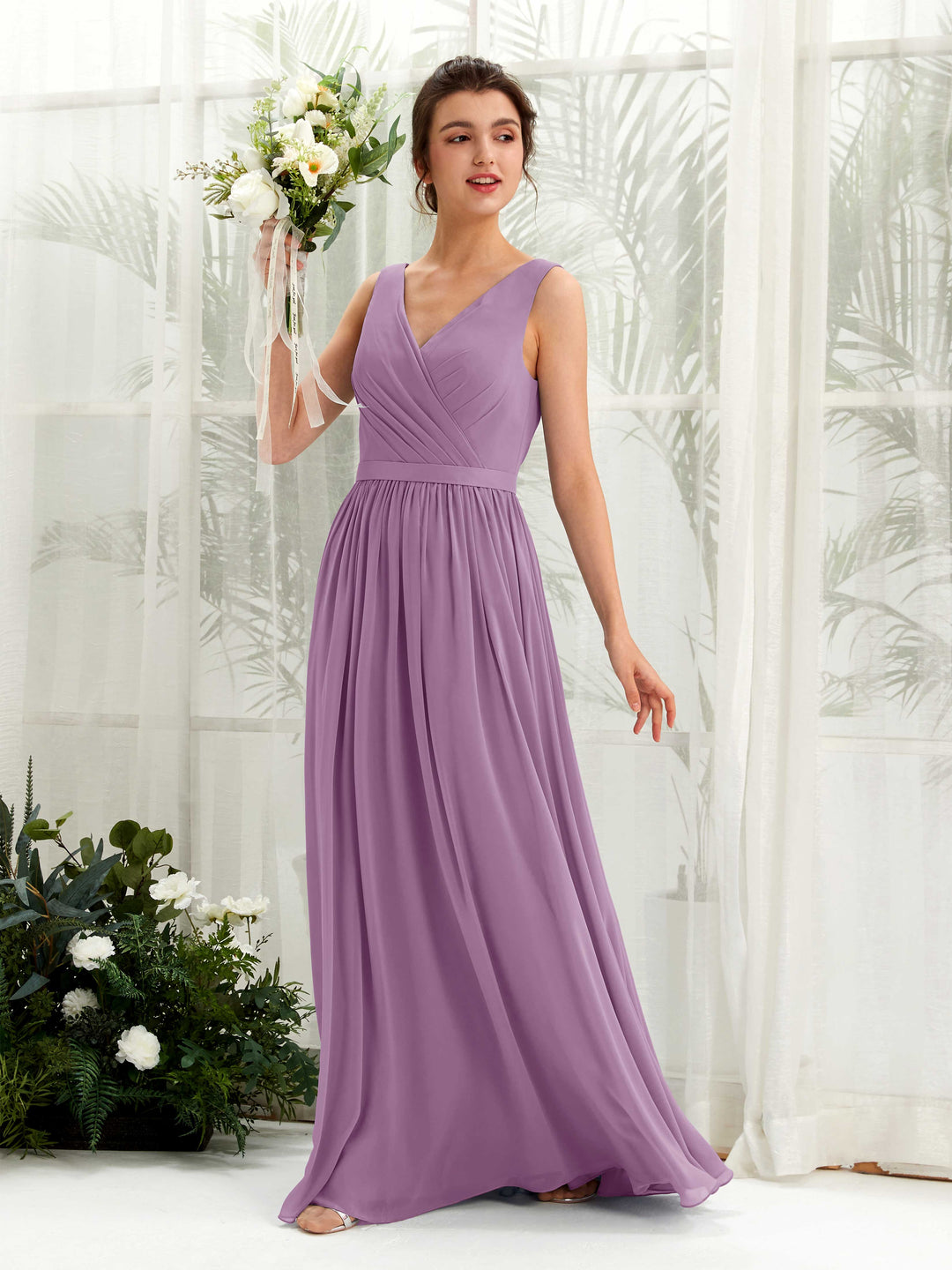 Carlyna Robe trapèze col V longueur ras du sol froncé demoiselle d&