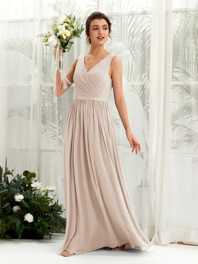 Carlyna Robe trapèze col V longueur ras du sol froncé demoiselle d'honneur Champagne #couleur_champagne