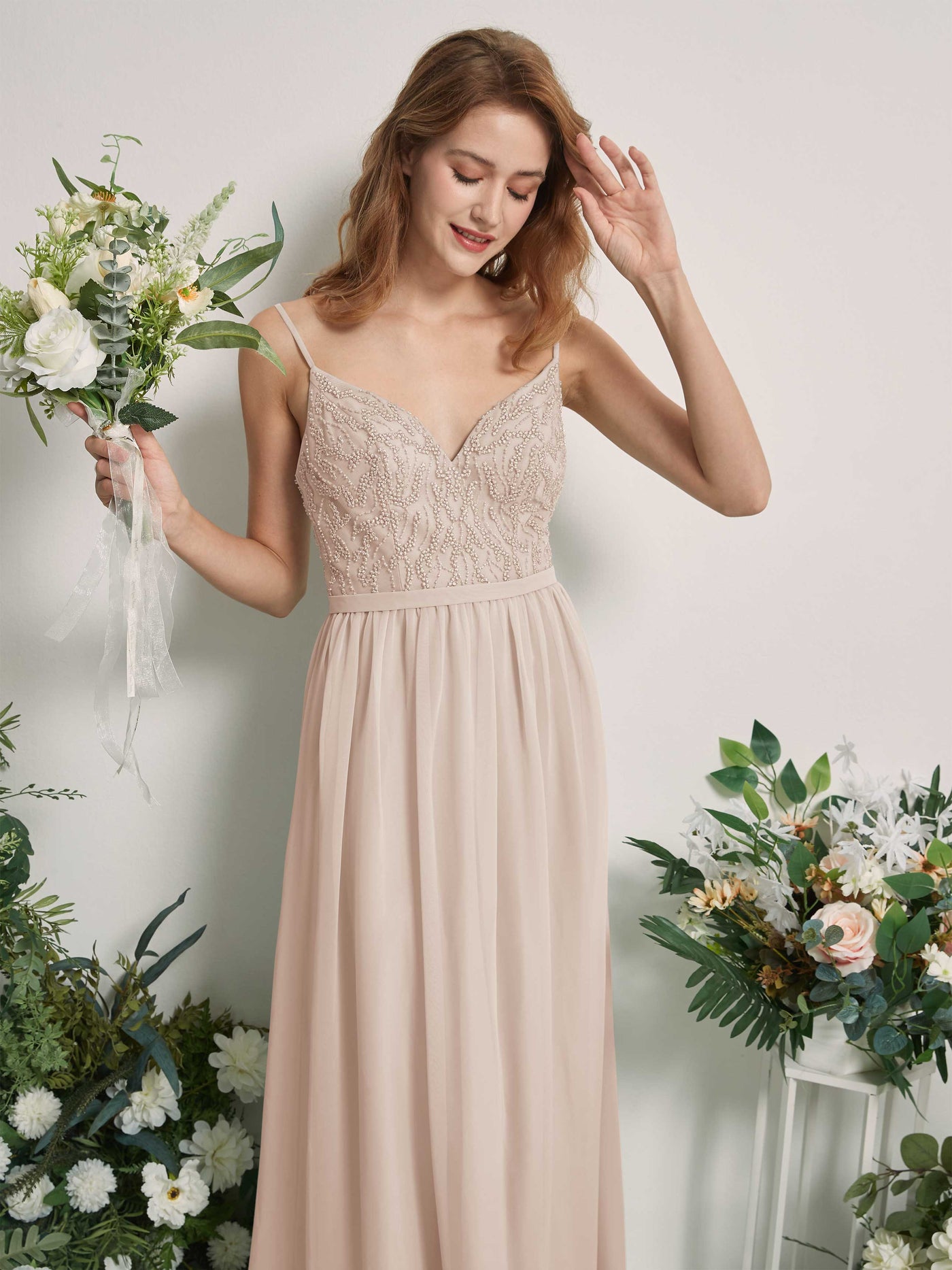 Carlyna Robe Trapèze Col V Longueur ras du sol Froncé Demoiselle d'honneur Champagne #couleur_champagne