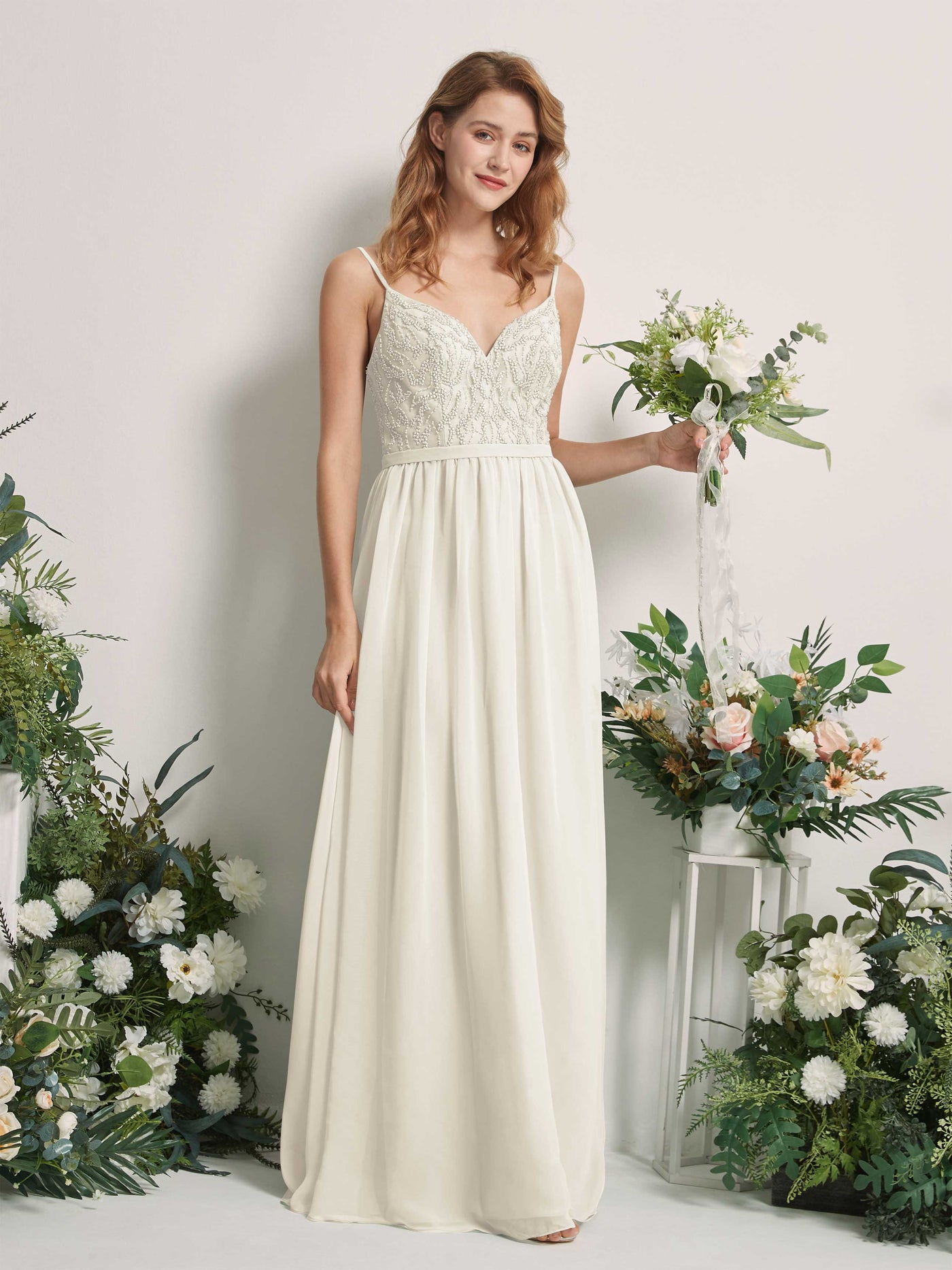 Carlyna Robe Trapèze Col V Longueur ras du sol Froncé Demoiselle d'honneur Ivoire #couleur_ivoire