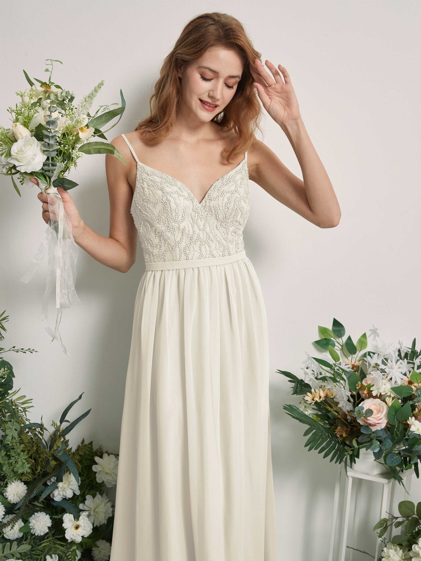Carlyna Robe Trapèze Col V Longueur ras du sol Froncé Demoiselle d'honneur Ivoire #couleur_ivoire
