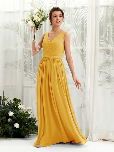 Carlyna Robe trapèze col V longueur ras du sol froncé demoiselle d'honneur Jaune Moutard #couleur_jaune-moutard