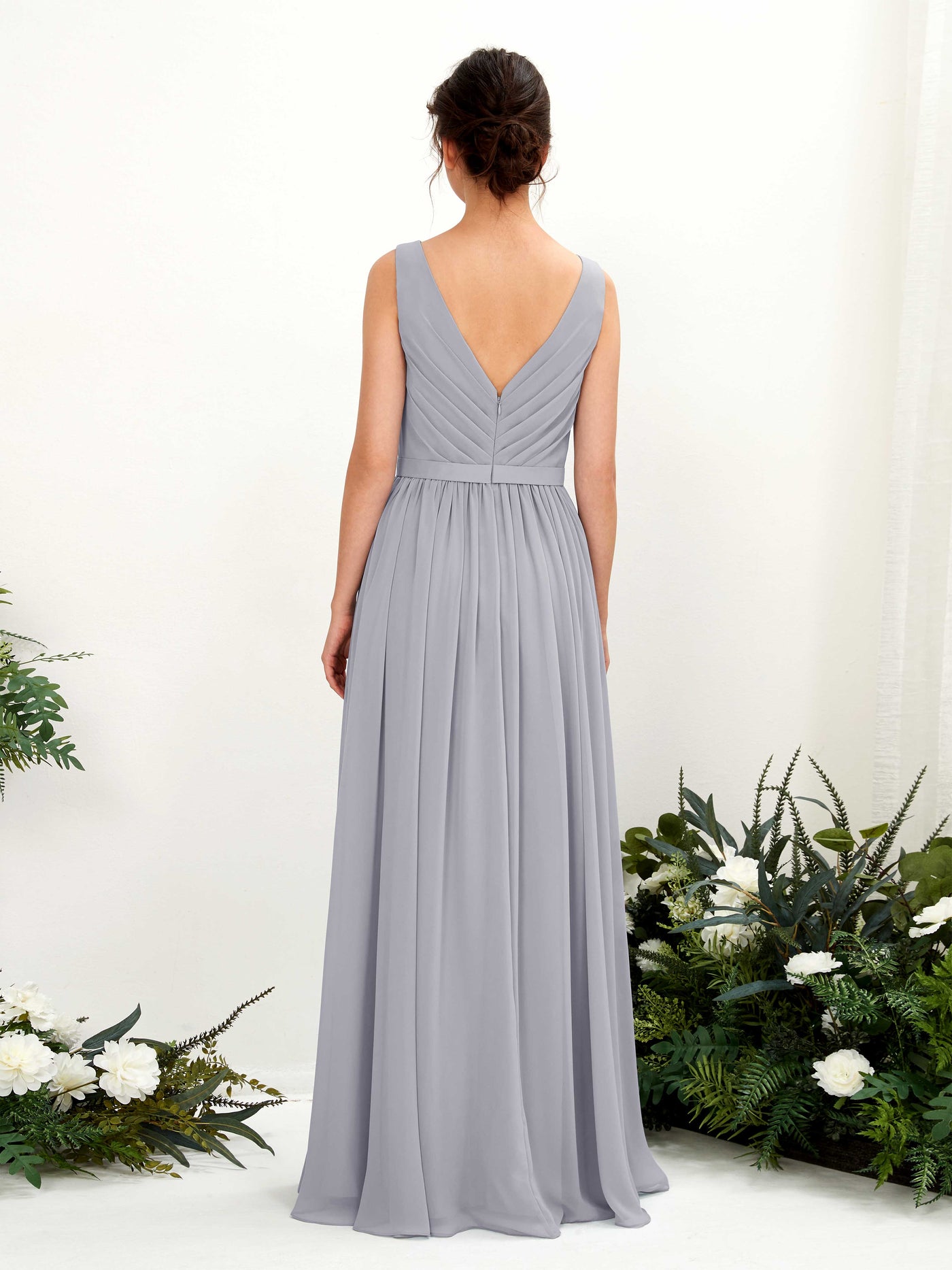 Carlyna Robe trapèze col V longueur ras du sol froncé demoiselle d'honneur Lavande Poudrée #couleur_lavande-poudr-e