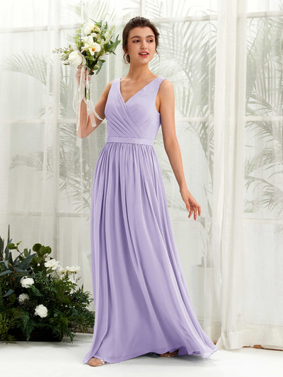 Carlyna Robe trapèze col V longueur ras du sol froncé demoiselle d'honneur Lilas #couleur_lilas