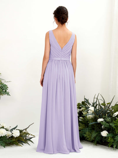 Carlyna Robe trapèze col V longueur ras du sol froncé demoiselle d'honneur Lilas #couleur_lilas