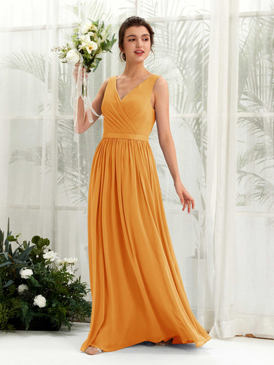 Carlyna Robe trapèze col V longueur ras du sol froncé demoiselle d'honneur Mangue #couleur_mangue