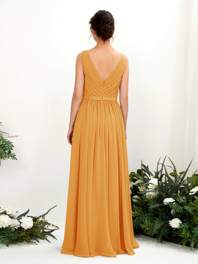 Carlyna Robe trapèze col V longueur ras du sol froncé demoiselle d'honneur Mangue #couleur_mangue