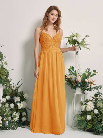 Carlyna Robe Trapèze Col V Longueur ras du sol Froncé Demoiselle d'honneur Mangue #couleur_mangue