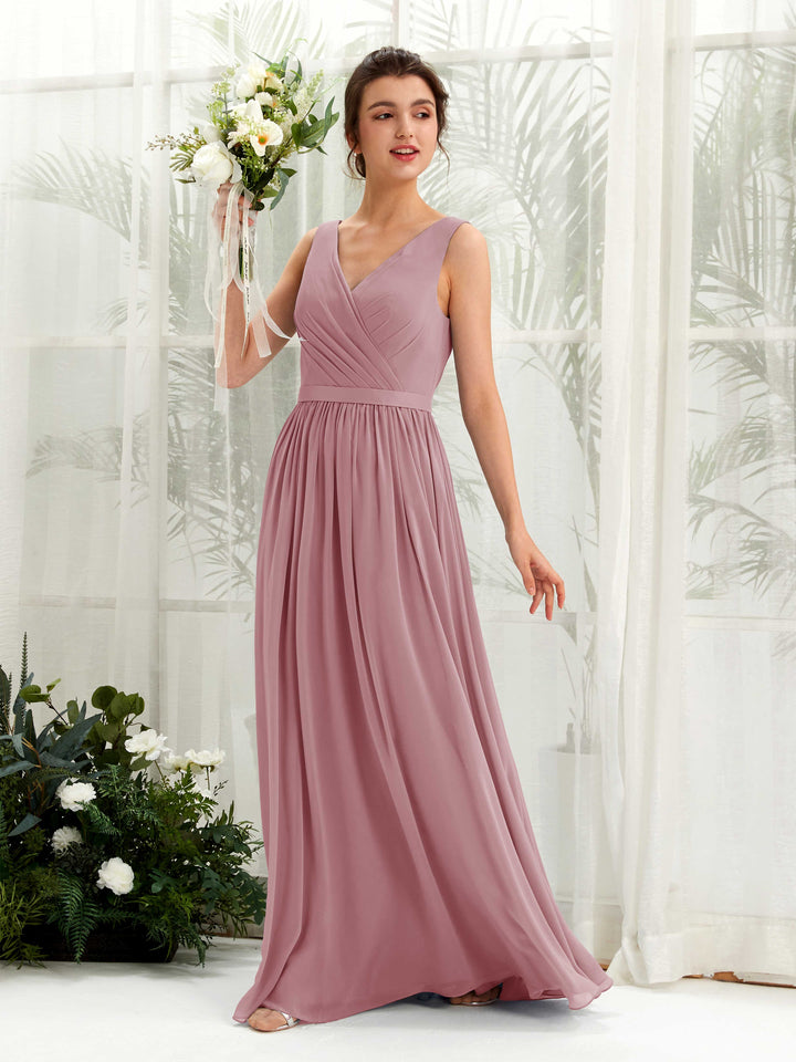 Carlyna Robe trapèze col V longueur ras du sol froncé demoiselle d&