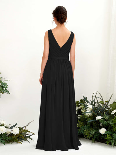 Carlyna Robe trapèze col V longueur ras du sol froncé demoiselle d'honneur Noir #couleur_noir