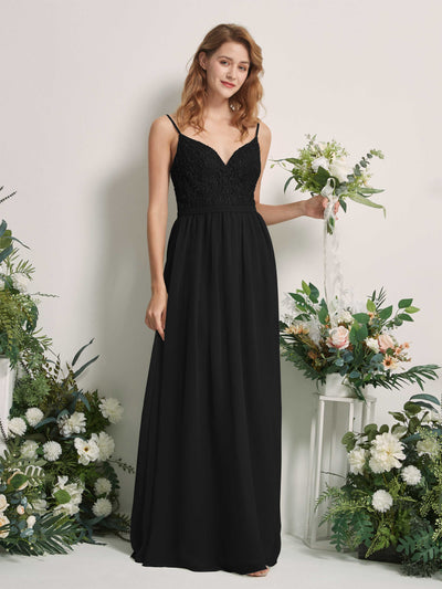 Carlyna Robe Trapèze Col V Longueur ras du sol Froncé Demoiselle d'honneur Noir #couleur_noir