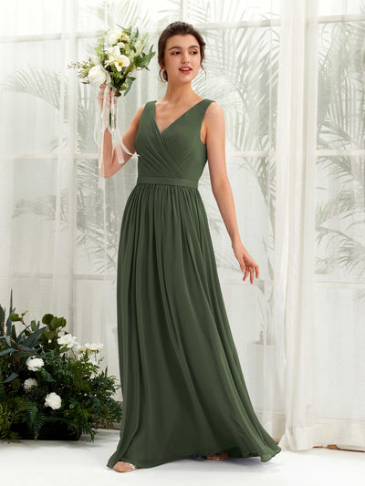 Carlyna Robe trapèze col V longueur ras du sol froncé demoiselle d'honneur Olive Martini #couleur_olive-martini