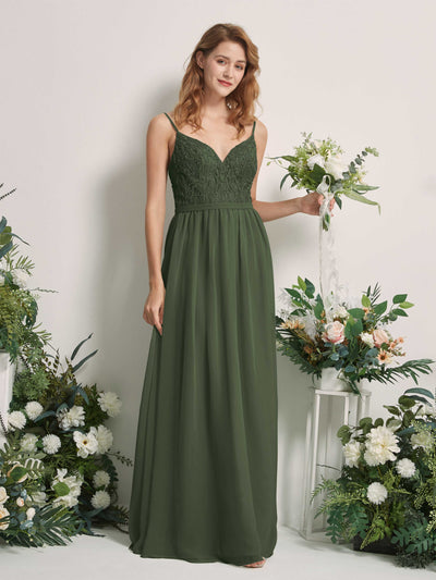 Carlyna Robe Trapèze Col V Longueur ras du sol Froncé Demoiselle d'honneur Olive Martini #couleur_olive-martini