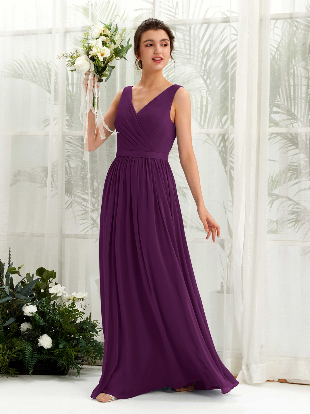 Carlyna Robe trapèze col V longueur ras du sol froncé demoiselle d&