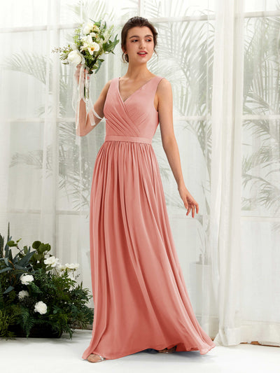 Carlyna Robe trapèze col V longueur ras du sol froncé demoiselle d'honneur Rose Champagne #couleur_rose-champagne