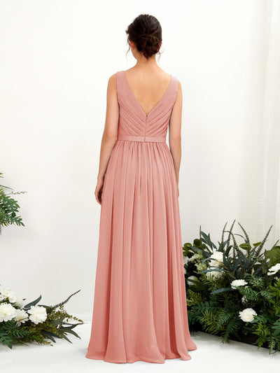 Carlyna Robe trapèze col V longueur ras du sol froncé demoiselle d'honneur Rose Champagne #couleur_rose-champagne