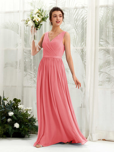 Carlyna Robe trapèze col V longueur ras du sol froncé demoiselle d'honneur Rose Corail #couleur_rose-corail
