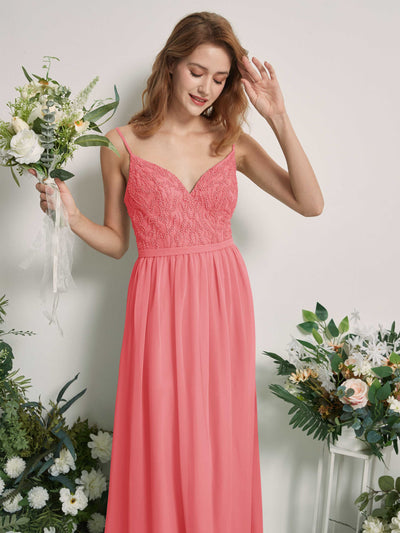 Carlyna Robe Trapèze Col V Longueur ras du sol Froncé Demoiselle d'honneur Rose Corail #couleur_rose-corail