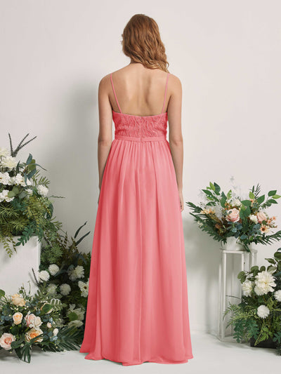 Carlyna Robe Trapèze Col V Longueur ras du sol Froncé Demoiselle d'honneur Rose Corail #couleur_rose-corail