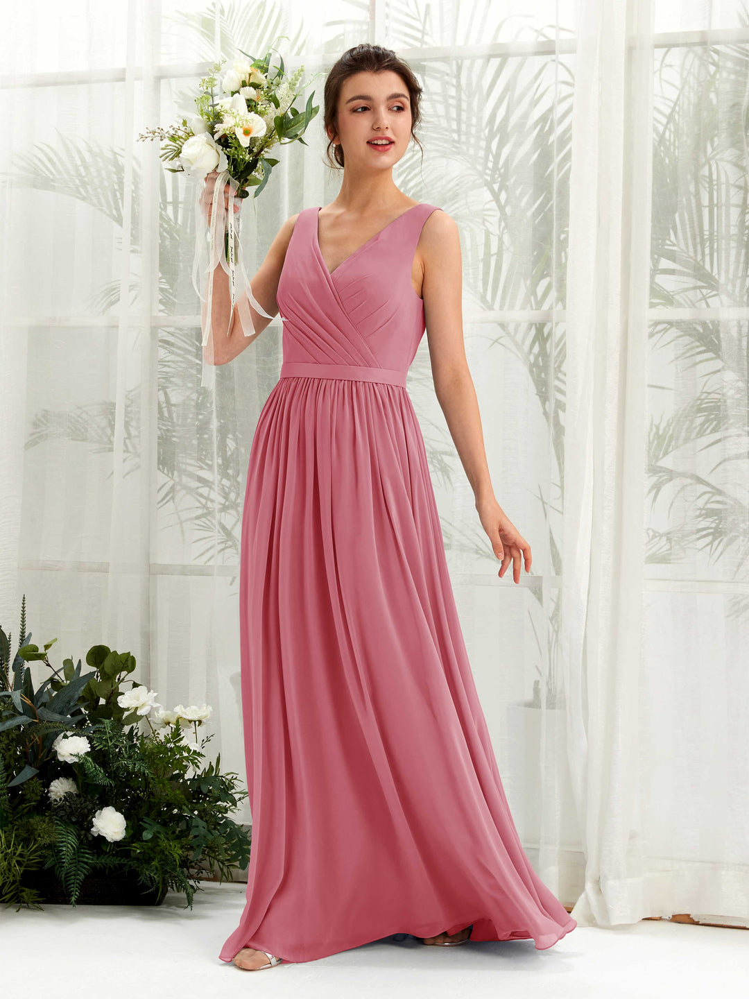 Carlyna Robe trapèze col V longueur ras du sol froncé demoiselle d&