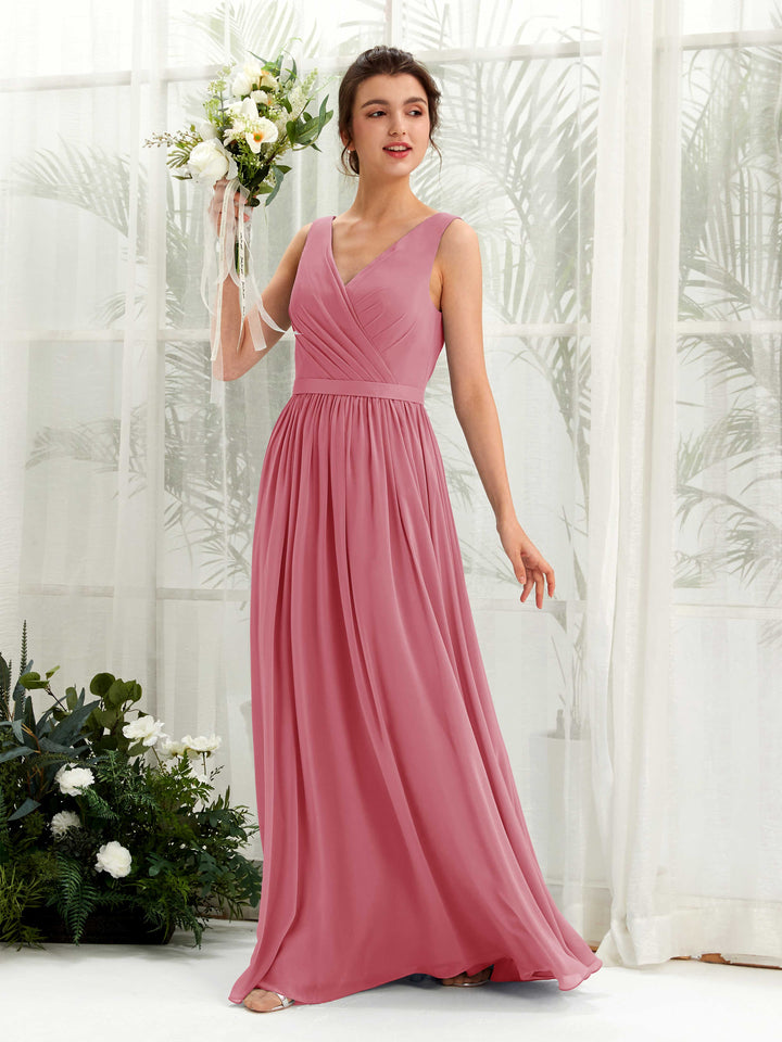 Carlyna Robe trapèze col V longueur ras du sol froncé demoiselle d&