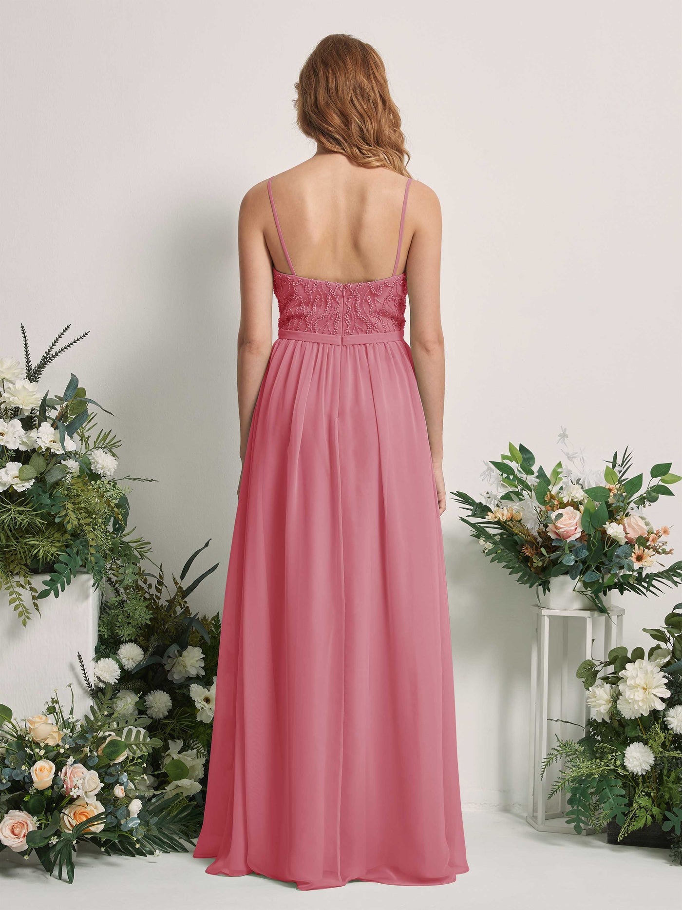 Carlyna Robe Trapèze Col V Longueur ras du sol Froncé Demoiselle d'honneur Rose Du Désert #couleur_rose-du-d-sert