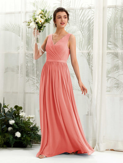 Carlyna Robe trapèze col V longueur ras du sol froncé demoiselle d'honneur Rose Pêche #couleur_rose-p-che