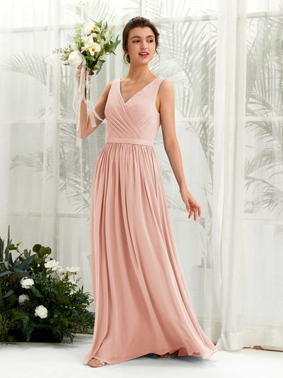 Carlyna Robe trapèze col V longueur ras du sol froncé demoiselle d'honneur Rose Perle #couleur_rose-perle