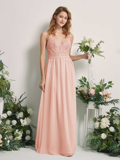 Carlyna Robe Trapèze Col V Longueur ras du sol Froncé Demoiselle d'honneur Rose Perle #couleur_rose-perle