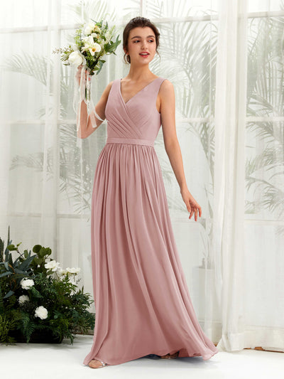 Carlyna Robe trapèze col V longueur ras du sol froncé demoiselle d'honneur Rose Poussiéreux #couleur_rose-poussi-reux