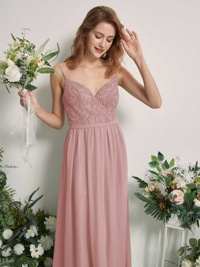 Carlyna Robe Trapèze Col V Longueur ras du sol Froncé Demoiselle d'honneur Rose Poussiéreux #couleur_rose-poussi-reux
