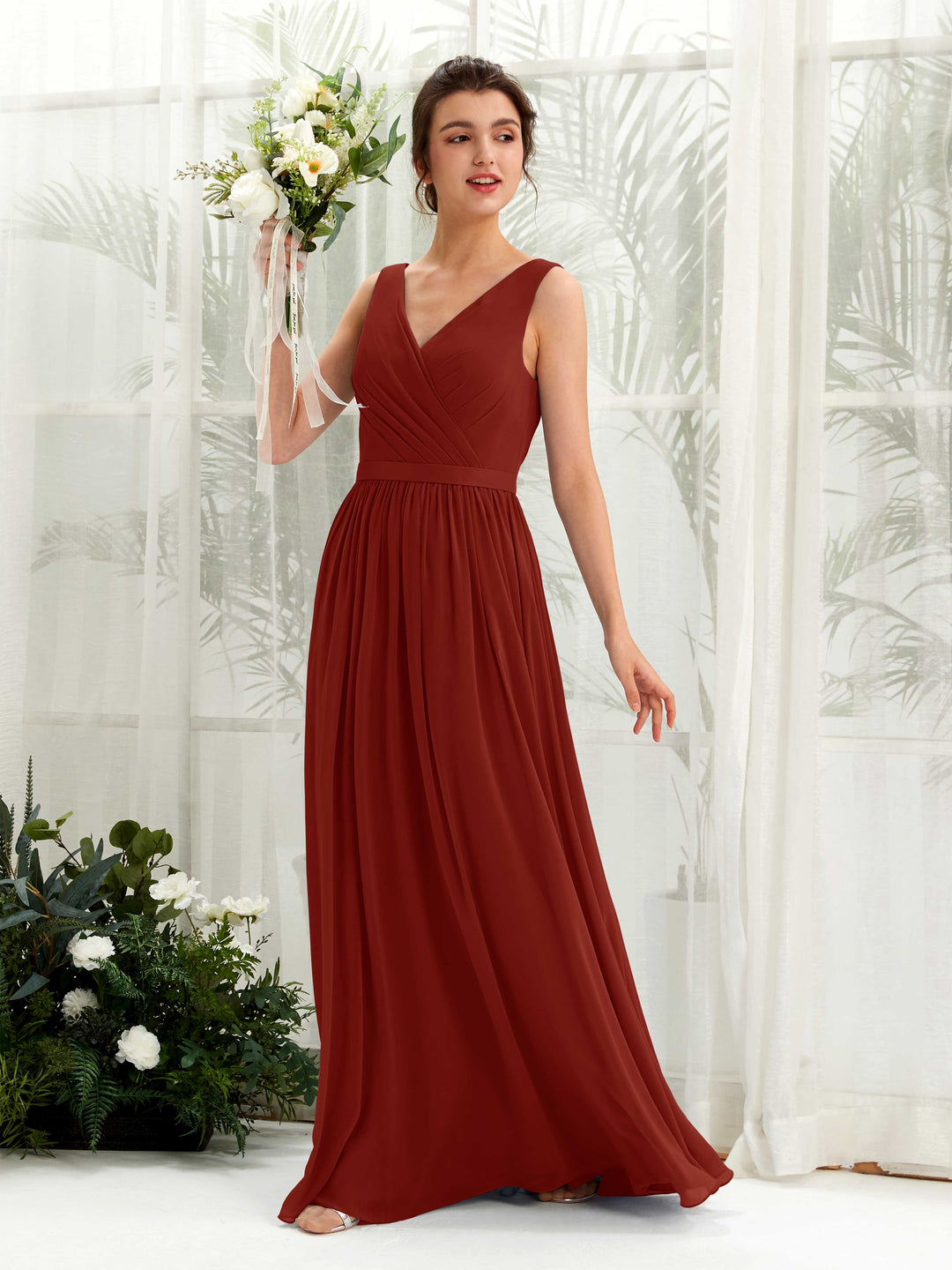 Carlyna Robe trapèze col V longueur ras du sol froncé demoiselle d&