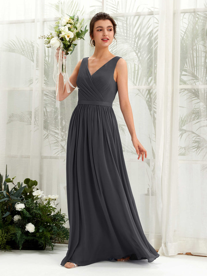 Carlyna Robe trapèze col V longueur ras du sol froncé demoiselle d&