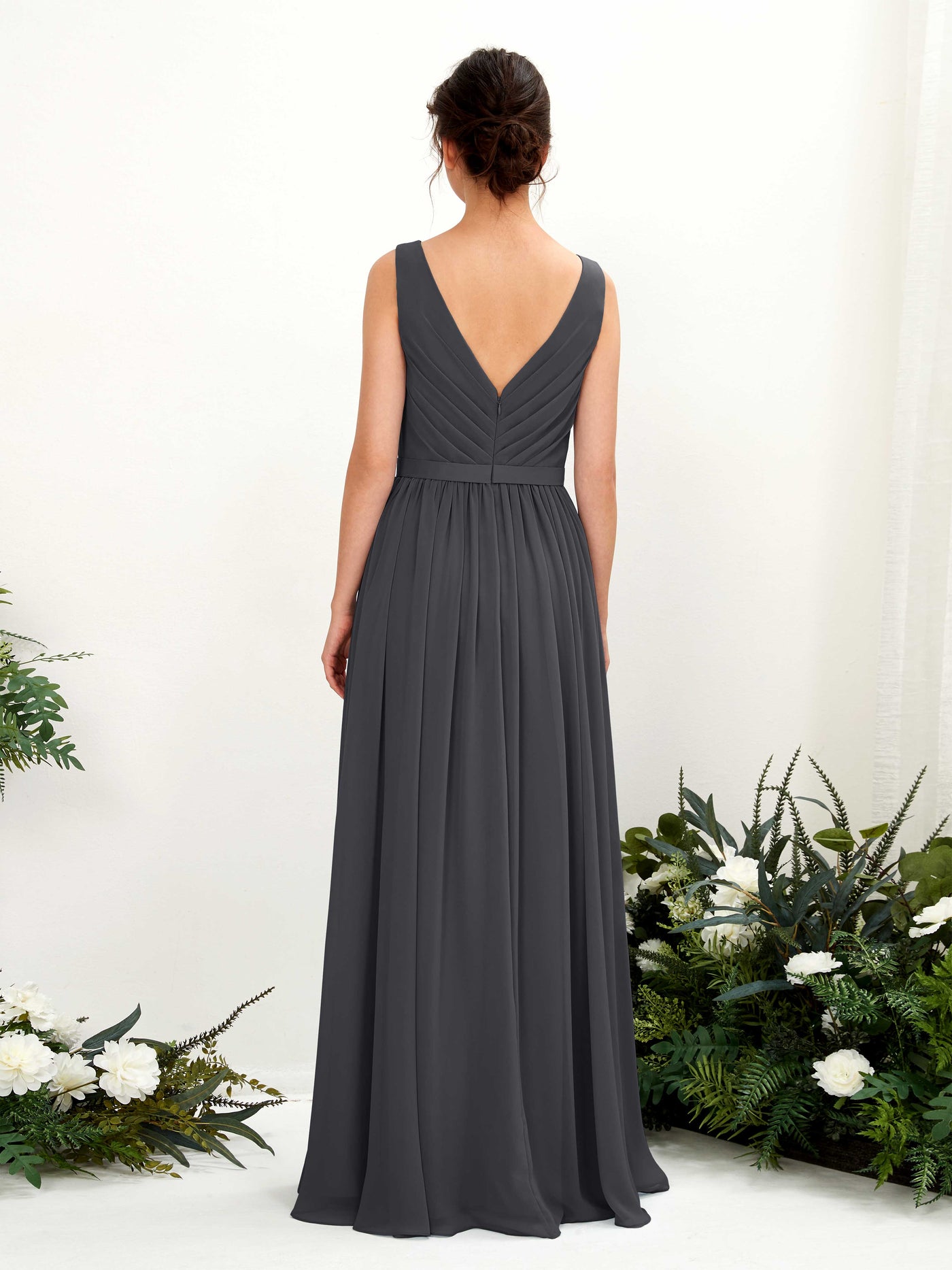 Carlyna Robe trapèze col V longueur ras du sol froncé demoiselle d'honneur Étain #couleur_tain