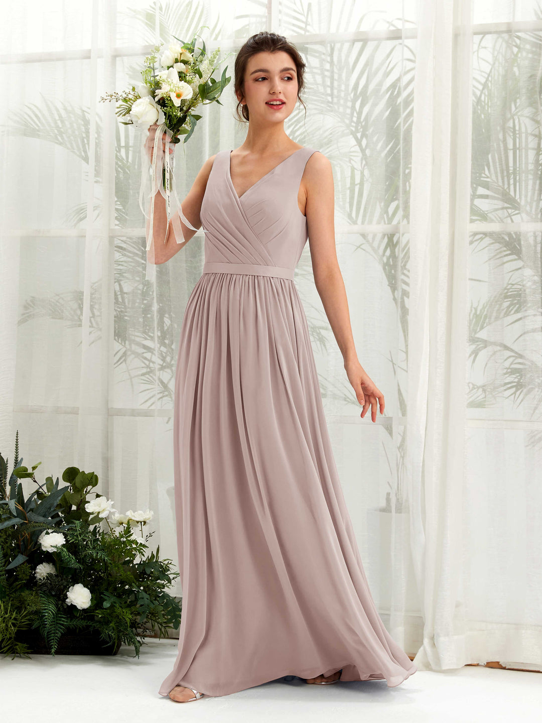 Carlyna Robe trapèze col V longueur ras du sol froncé demoiselle d&