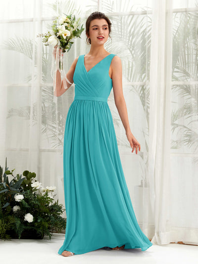Carlyna Robe trapèze col V longueur ras du sol froncé demoiselle d'honneur Turquoise #couleur_turquoise