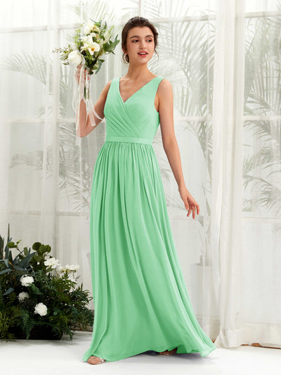 Carlyna Robe trapèze col V longueur ras du sol froncé demoiselle d'honneur Vert Menthe #couleur_vert-menthe