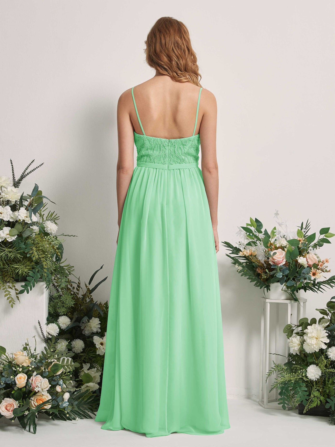 Carlyna Robe Trapèze Col V Longueur ras du sol Froncé Demoiselle d'honneur Vert Menthe #couleur_vert-menthe