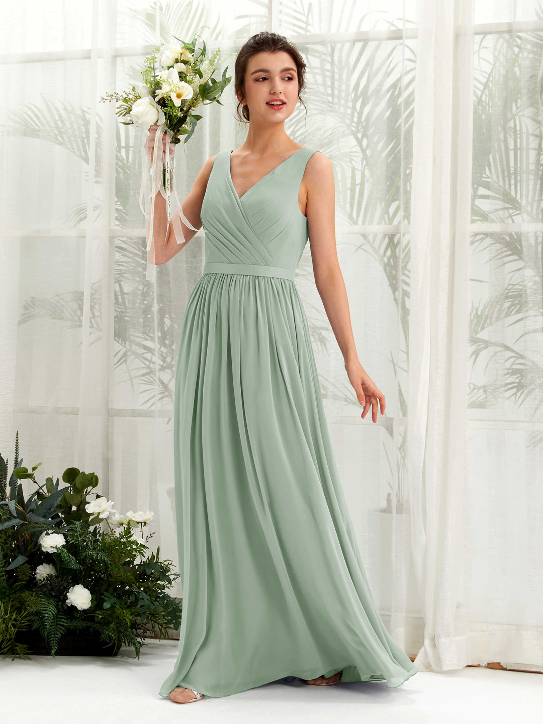 Carlyna Robe trapèze col V longueur ras du sol froncé demoiselle d&