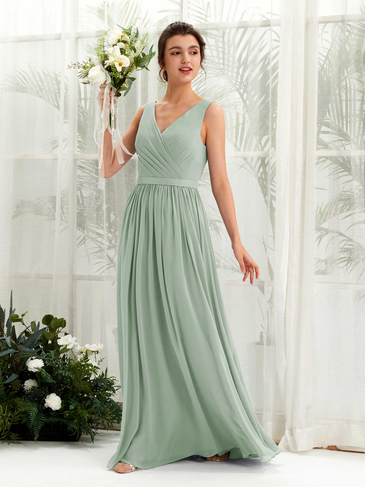 Carlyna Robe trapèze col V longueur ras du sol froncé demoiselle d&