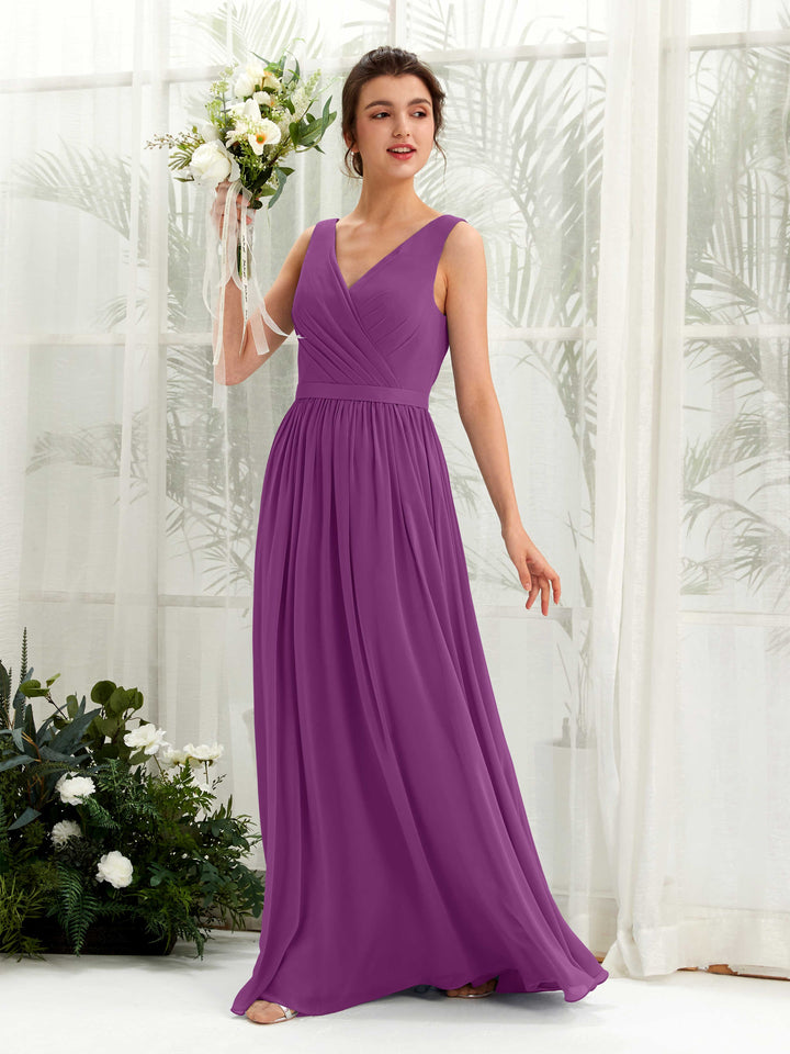 Carlyna Robe trapèze col V longueur ras du sol froncé demoiselle d&