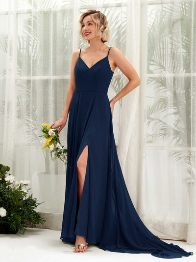 Carlyna Robe trapèze col V longueur ras du sol mousseline demoiselle d'honneur Bleu Marine #couleur_bleu-marine